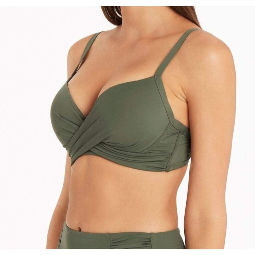 Sea Level Australia Cross Front Moulded Cup Bikini Top US 6 Green Padded  NWOT